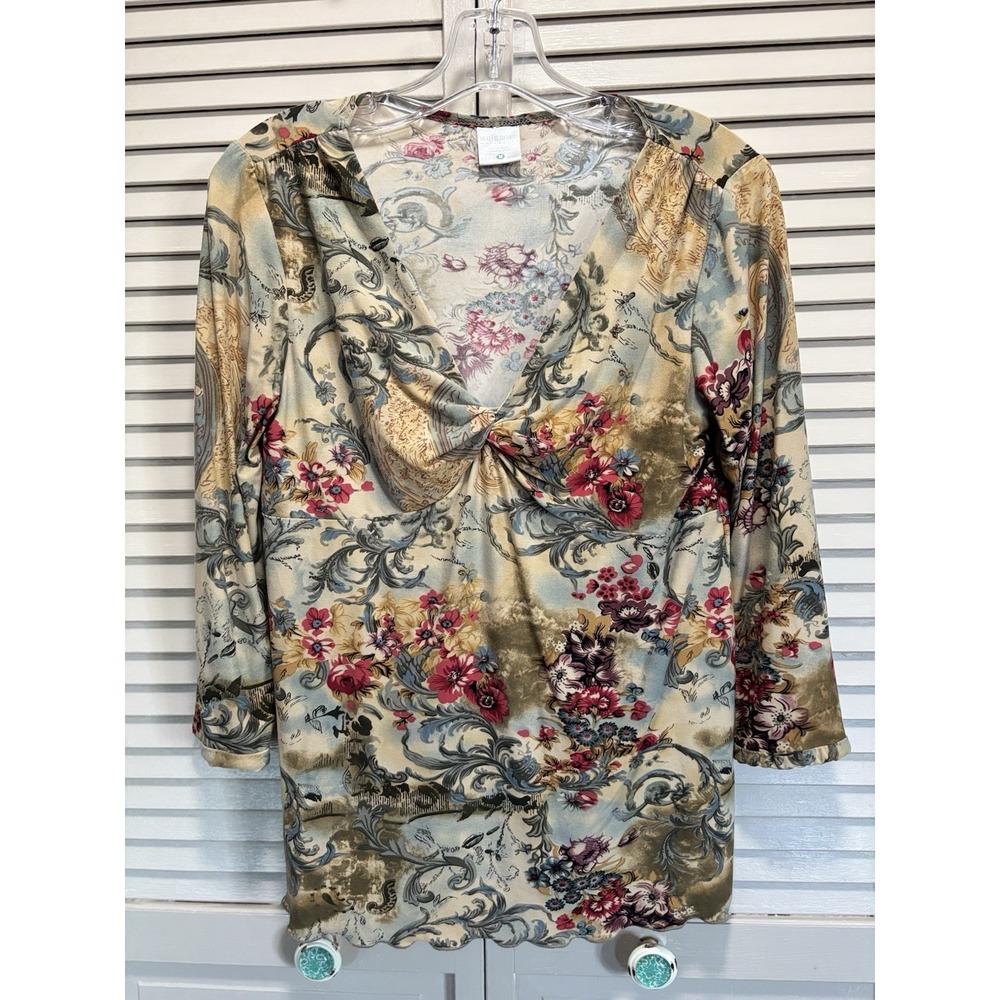 Maternity Blouse Size M Motherhood Soft Tan/Pink V Neck Ruffle Hem 3/4 Sleeve